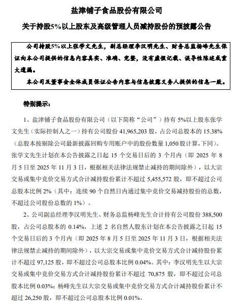 国元配资 盐津铺子：三位股东拟合计减持不超约555.27万股